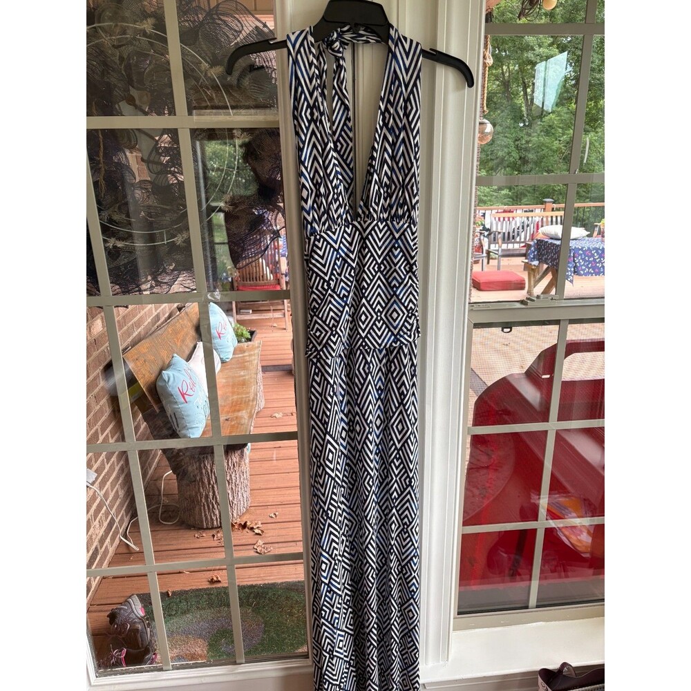 Tart Collections Adriana Blue and White Geometric V Neck Halter Maxi Dress-M